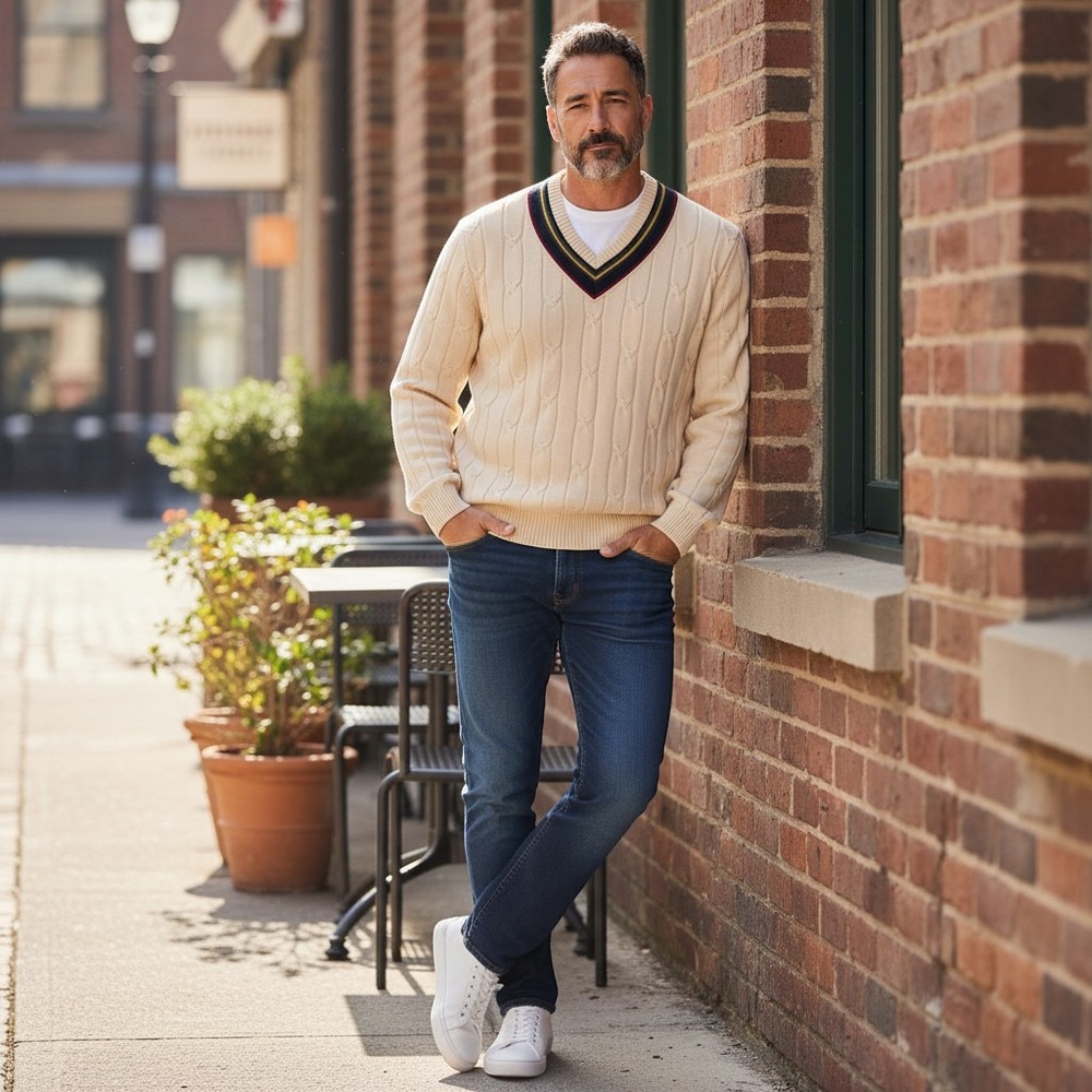 Gant Sweater Mens XLT Salty Dog Cream Cable Knit V-Neck Striped Trim Cotton